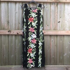 Two Palms Vintage Hawaiian Midi Dress Floral Size XL Black Orchid Ginger